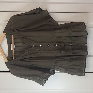 J.Jill Olive Green Cotton Babydoll Ruffle Blouse Ebroidery & Tassels Size XS